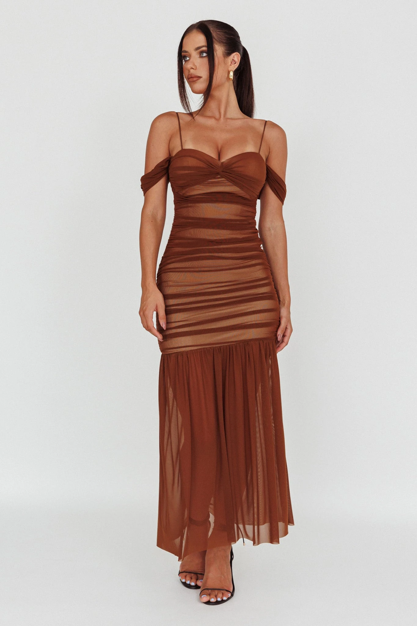La Salle Ruched Mesh Maxi Dress Chocolate 6 La Salle Ruched Mesh Maxi Dress Chocolate - Image 6