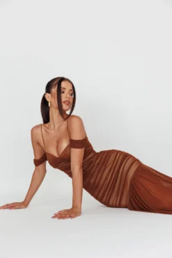 La Salle Ruched Mesh Maxi Dress Chocolate 14 La Salle Ruched Mesh Maxi Dress Chocolate -Cheap Dress Store 64193H 20CHOCOLATE 7