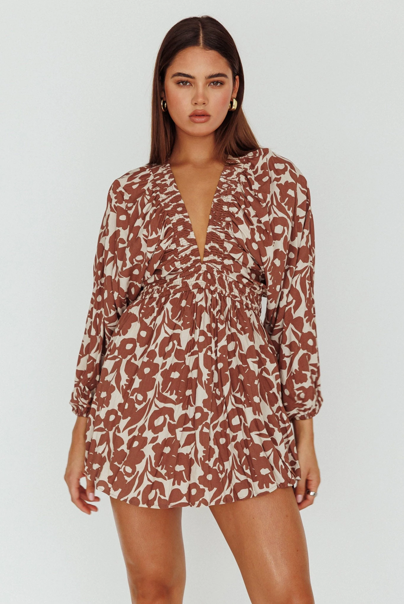 Going Your Way Long Sleeve Mini Dress Floral Brown 1 Going Your Way Long Sleeve Mini Dress Floral Brown