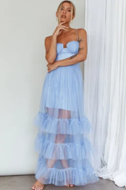 Moonlight Sonata Ruffle Mesh Maxi Dress Sky Blue