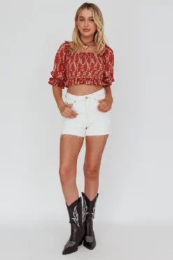 Meet Cute Shirred Bust Off-Shoulder Crop Top Floral Beige -Cheap Dress Store CM0319D 20BEIGE 2