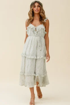 Priscilla Tied Bust Frill Detail Maxi Dress Floral Print Olive -Cheap Dress Store CM0486B OLIVE 3