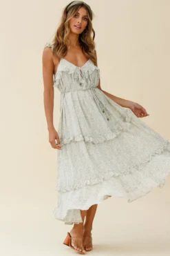 Priscilla Tied Bust Frill Detail Maxi Dress Floral Print Olive -Cheap Dress Store CM0486B OLIVE 8