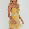 Flower Child Bust Tie Crochet Trim Dress Orchid Print Yellow