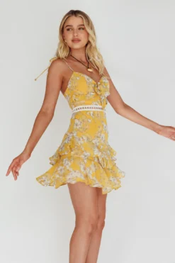 Flower Child Bust Tie Crochet Trim Dress Orchid Print Yellow -Cheap Dress Store CM0777B08 20YELLOW 5