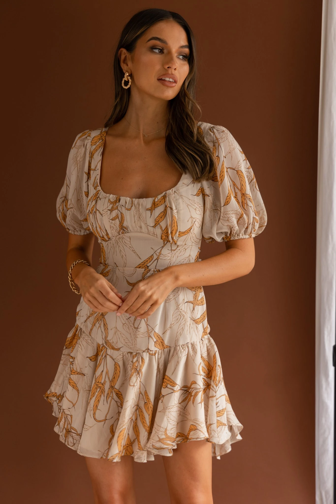 Petite Cherie Puff Sleeve Lace-Up Back Dress Leaf Print Beige 1 Petite Cherie Puff Sleeve Lace-Up Back Dress Leaf Print Beige