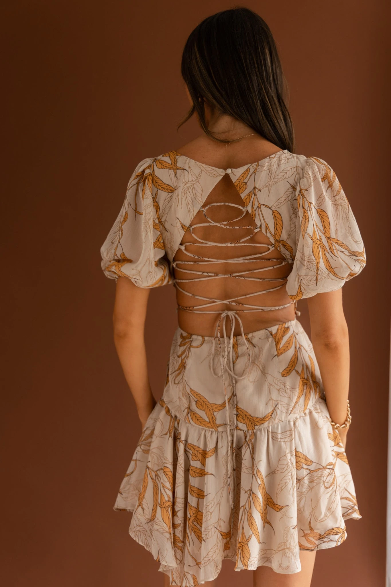 Petite Cherie Puff Sleeve Lace-Up Back Dress Leaf Print Beige 2 Petite Cherie Puff Sleeve Lace-Up Back Dress Leaf Print Beige - Image 2