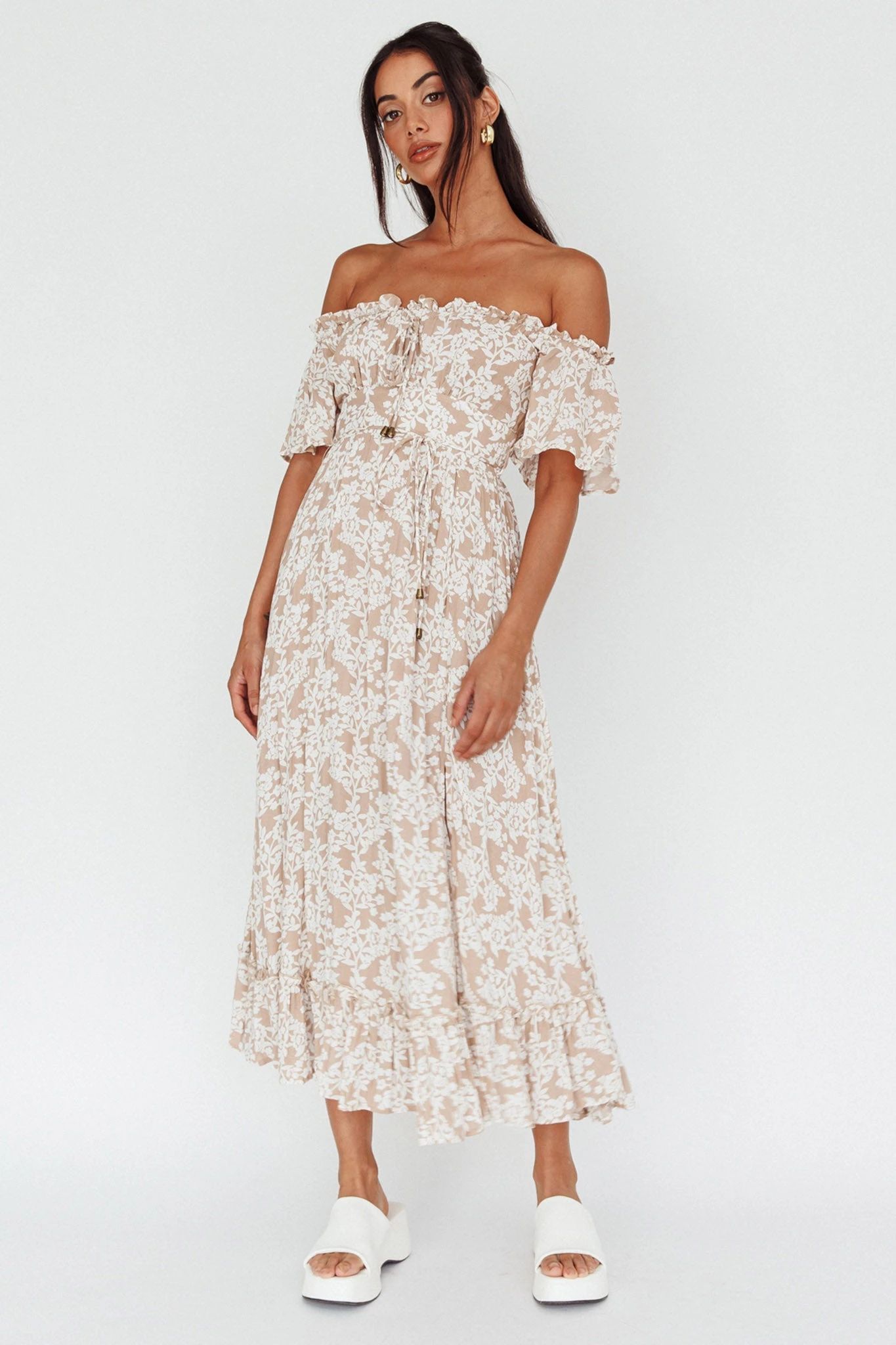 Voyager Off-Shoulder Bell Sleeve Midi Dress Floral Blush 1 Voyager Off-Shoulder Bell Sleeve Midi Dress Floral Blush
