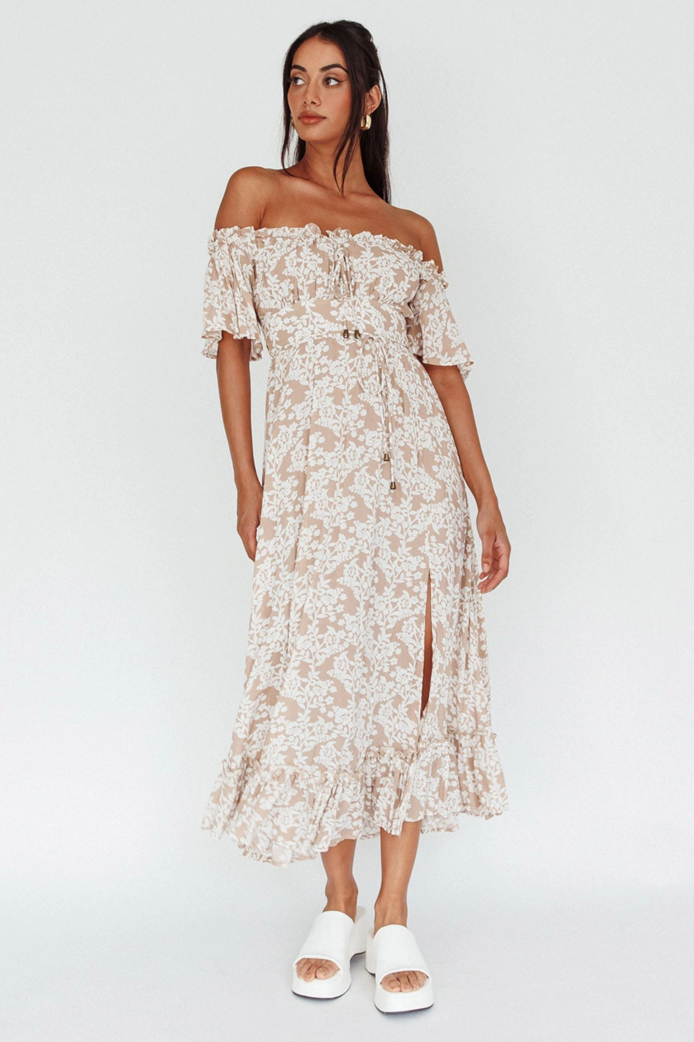 Voyager Off-Shoulder Bell Sleeve Midi Dress Floral Blush 3 Voyager Off-Shoulder Bell Sleeve Midi Dress Floral Blush - Image 3