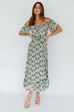 Voyager Off-Shoulder Bell Sleeve Midi Dress Floral Green
