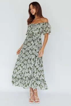 Voyager Off-Shoulder Bell Sleeve Midi Dress Floral Green -Cheap Dress Store CM0922B01 20GREEN 2