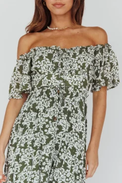 Voyager Off-Shoulder Bell Sleeve Midi Dress Floral Green -Cheap Dress Store CM0922B01 20GREEN 4