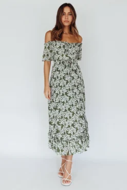 Voyager Off-Shoulder Bell Sleeve Midi Dress Floral Green -Cheap Dress Store CM0922B01 20GREEN 5