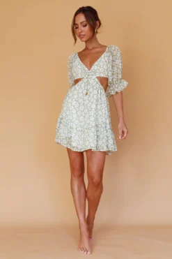 Fancy Free Puff Sleeve Cut-Out Dress Floral Green -Cheap Dress Store CM1112B02 20GREEN 5