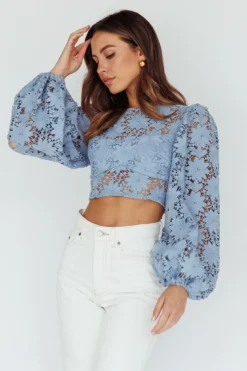 Arriana Balloon Sleeve Lace Crop Top Blue -Cheap Dress Store CM1136B01 20BLUE 5