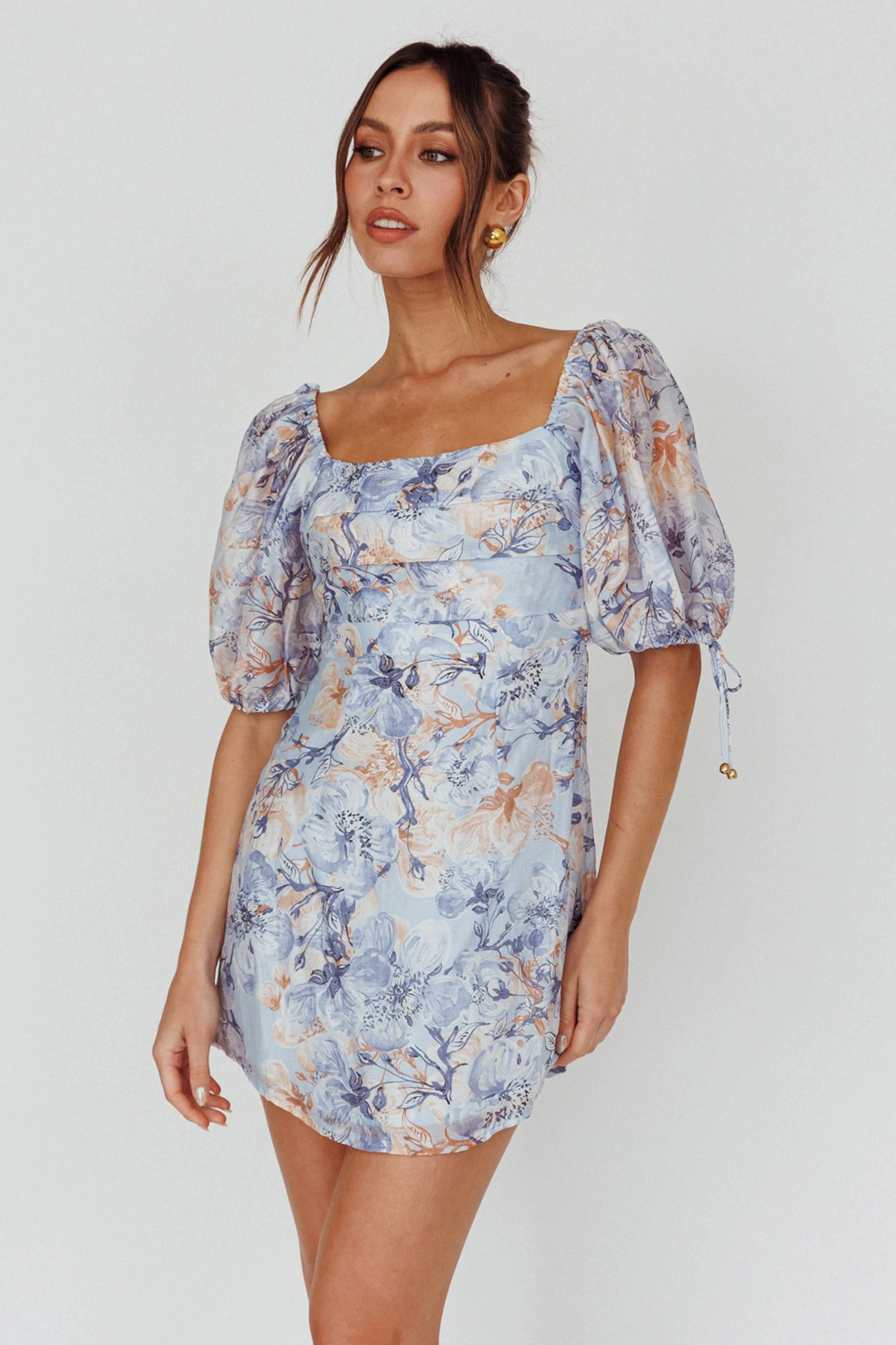 Addicted To Love Pleated Bust Dress Floral Blue/Mocha 4 Addicted To Love Pleated Bust Dress Floral Blue/Mocha - Image 4