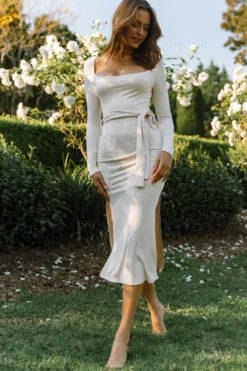 Jordana Long Sleeve Waist Tie Ribbed Midi Dress Beige -Cheap Dress Store CM1305D BEIGE 6