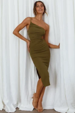 Taking Bets One Shoulder Cut-Out Midi Dress Olive -Cheap Dress Store CM1362B OLIVE 7