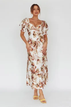 Brigita Tied Back Midi Dress Floral Brown -Cheap Dress Store CM1364B06 20BROWN 2