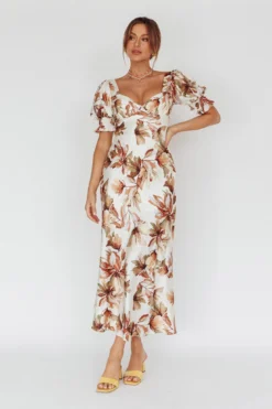 Brigita Tied Back Midi Dress Floral Brown -Cheap Dress Store CM1364B06 20BROWN 8