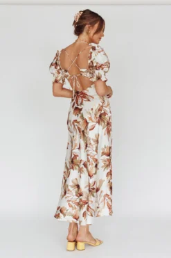 Brigita Tied Back Midi Dress Floral Brown -Cheap Dress Store CM1364B06 20BROWN 9