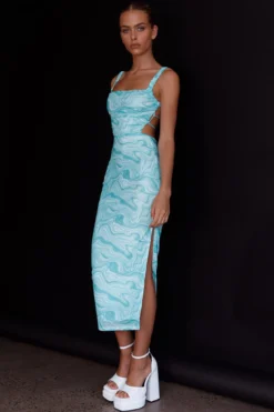 Dream Crush Lace-Up Back Side Split Midi Dress Marbled Green -Cheap Dress Store CM1460D01 20GREEN 2