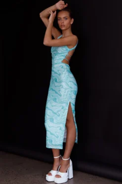 Dream Crush Lace-Up Back Side Split Midi Dress Marbled Green -Cheap Dress Store CM1460D01 20GREEN 7