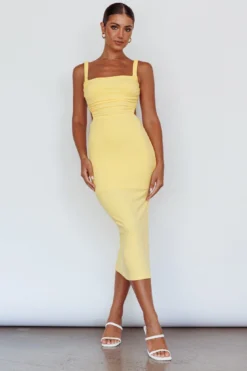 Dream Crush Lace-Up Back Side Split Midi Dress Lemon -Cheap Dress Store CM1460DLEMON 1