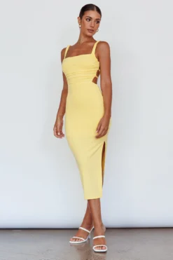 Dream Crush Lace-Up Back Side Split Midi Dress Lemon -Cheap Dress Store CM1460DLEMON 2