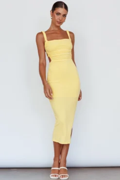 Dream Crush Lace-Up Back Side Split Midi Dress Lemon -Cheap Dress Store CM1460DLEMON 5