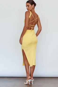 Dream Crush Lace-Up Back Side Split Midi Dress Lemon -Cheap Dress Store CM1460DLEMON 8
