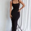 Dream Crush Lace-Up Back Side Split Midi Dress Black