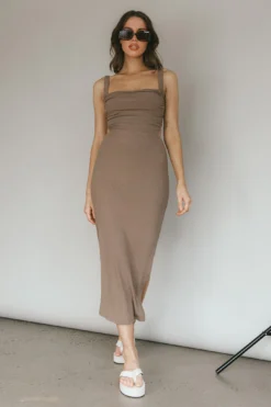 Dream Crush Lace-Up Back Side Split Midi Dress Khaki -Cheap Dress Store CM1460D 20KHAKI 5