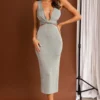 Moon River Plunging Neckline Midi Dress Sage