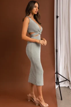 Moon River Plunging Neckline Midi Dress Sage -Cheap Dress Store CM1561B 20SAGE 6