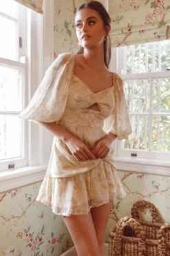 Tresa Twist Front Flounce Hem Mini Dress Floral Yellow -Cheap Dress Store CM1603J01 20YELLOW 6