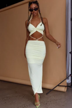 Sawyer Halterneck Strappy Back Ruched Midi Dress Lemon -Cheap Dress Store CM1682J 20LEMON 2