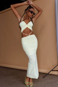 Sawyer Halterneck Strappy Back Ruched Midi Dress Lemon -Cheap Dress Store CM1682J 20LEMON 6