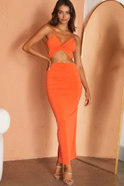 Sawyer Halterneck Strappy Back Ruched Midi Dress Tangerine -Cheap Dress Store CM1682J 20TANGERINE 2