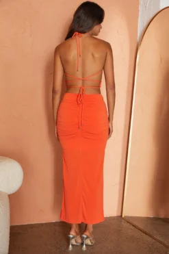 Sawyer Halterneck Strappy Back Ruched Midi Dress Tangerine -Cheap Dress Store CM1682J 20TANGERINE 6