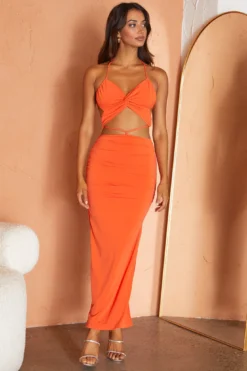 Sawyer Halterneck Strappy Back Ruched Midi Dress Tangerine -Cheap Dress Store CM1682J 20TANGERINE 7