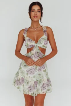 Violette Ruffle Strap Cut-Out Mini Dress Floral White -Cheap Dress Store CM1690J 20WHITE 6