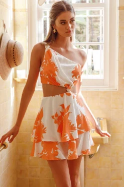 Olli One-Shoulder Cut-Out Dress Print Orange -Cheap Dress Store CM1691J02 20ORANGE 5