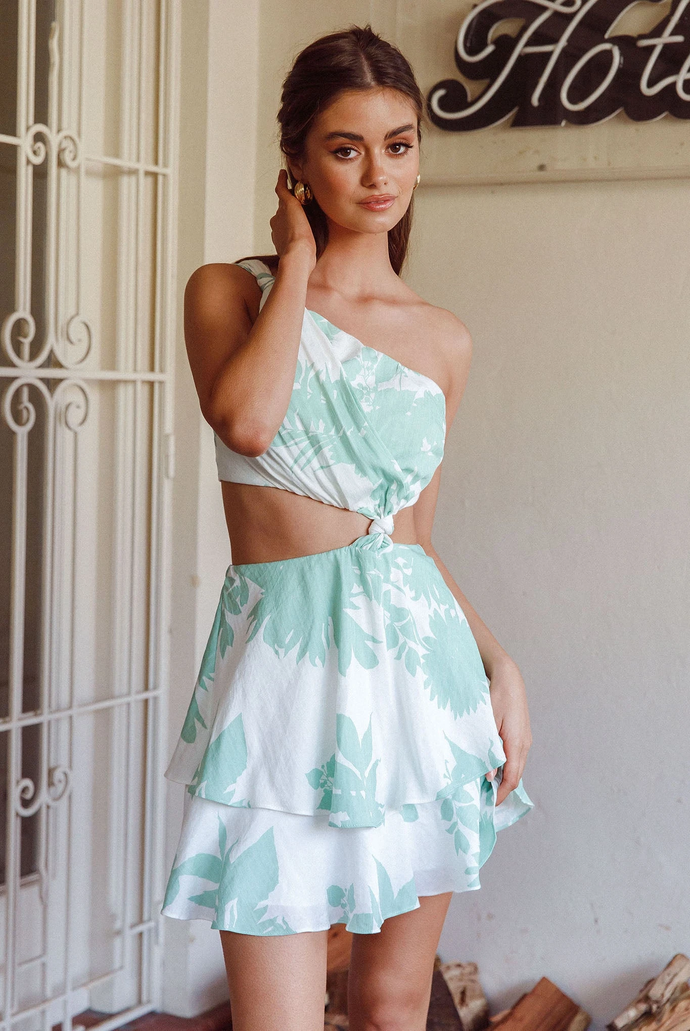 Olli One-Shoulder Cut-Out Dress Print Sage 5 Olli One-Shoulder Cut-Out Dress Print Sage - Image 5