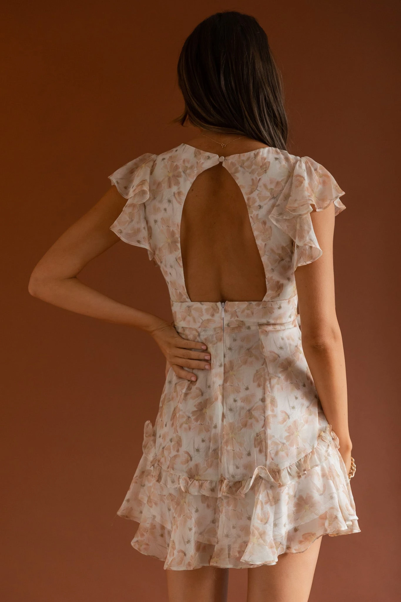 New Dawn Frill Shoulder Mini Dress Floral Mocha 2 New Dawn Frill Shoulder Mini Dress Floral Mocha - Image 2