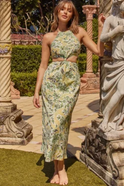 Utopia Cut-Out Waist Midi Dress Green/Yellow -Cheap Dress Store CM1928J01 20GREEN YELLOW 6