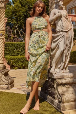Utopia Cut-Out Waist Midi Dress Green/Yellow -Cheap Dress Store CM1928J01 20GREEN YELLOW 8