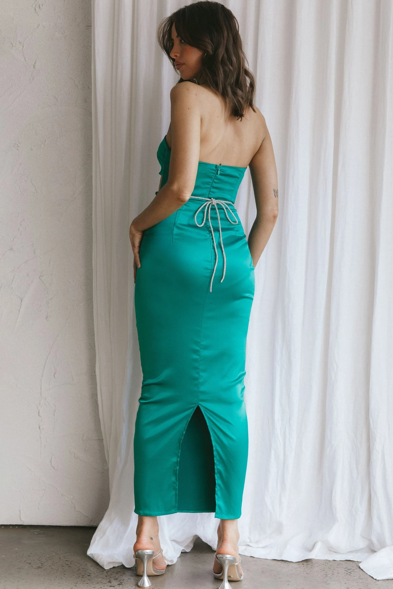 Nohemi Strapless Diamante Maxi Dress Green 2 Nohemi Strapless Diamante Maxi Dress Green - Image 2