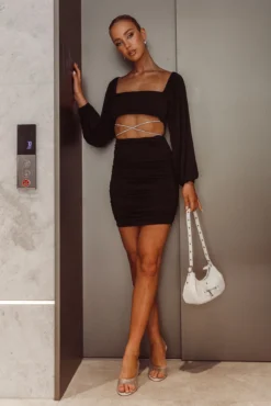 Nohemi Long Sleeve Diamante Mini Dress Black -Cheap Dress Store CM1934J04 20BLACK 7