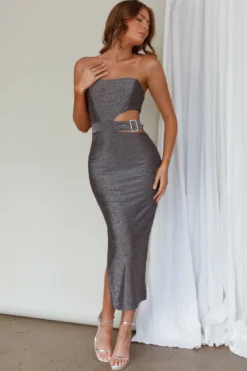 Glisten Cut-Out Buckle Waist Midi Dress Silver -Cheap Dress Store CM3071D 20SILVER 6